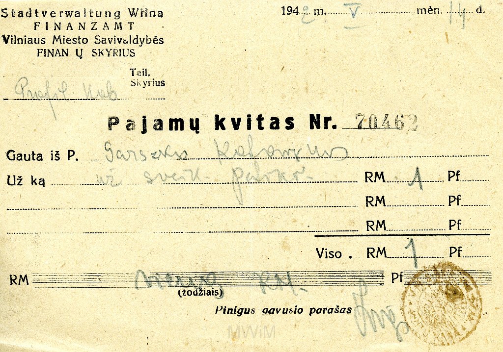 KKE 5714-1.jpg - (litewski) Dok. Opłaty Lekarskie wniesione przez Antoniego i Katarzynę Graszko, Wilno, 1942/1943 r.